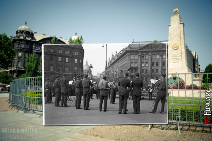 Budapest, V. Szabadság tér, fúvószenekar az irredenta emlékhelynél, háttérben a Vécsey utca és a Parlament